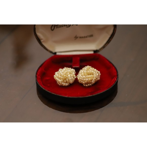 Midcentury, Vintage Twisted Bead Clip Earrings - Picture 1 of 5